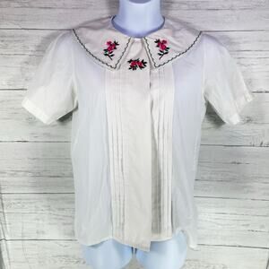 VTG white folk pink floral embroidered coquette cottage size 10 button blouse